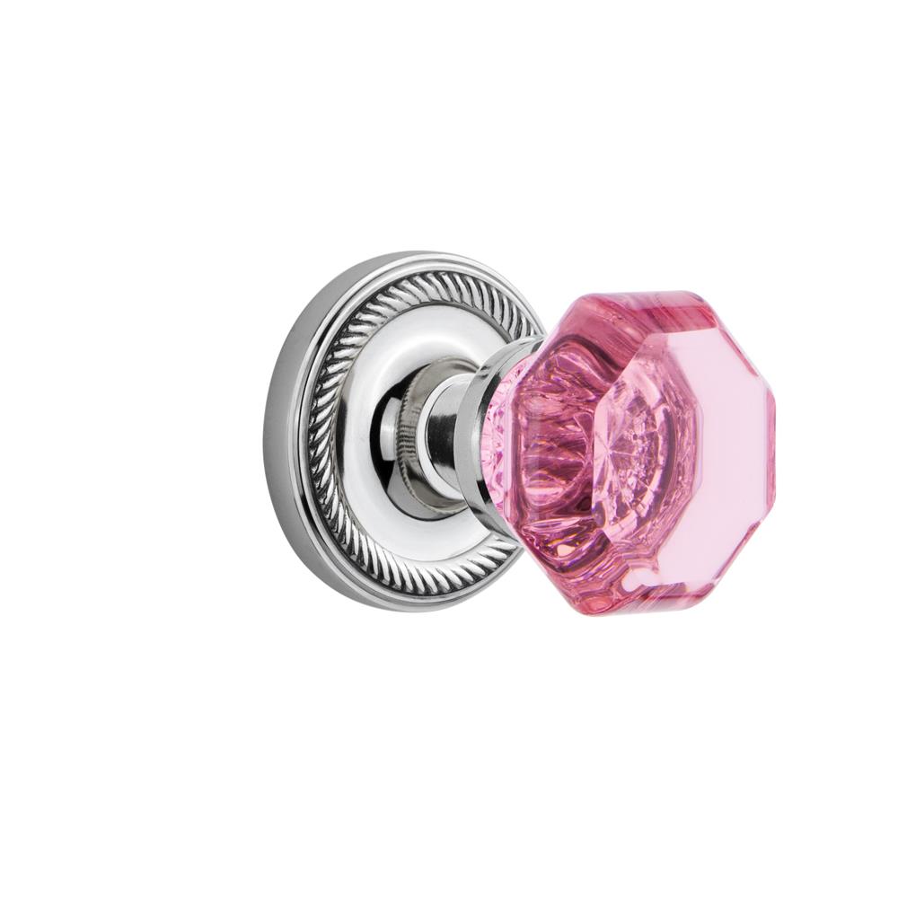 Nostalgic Warehouse ROPWAP Colored Crystal Rope Rosette Double Dummy Waldorf Pink Door Knob in Bright Chrome